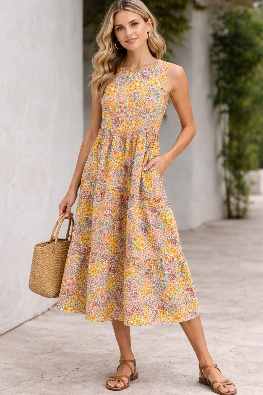 J Crew Sleeveless Mixed Floral Tiered Midi Dress Womens Size 2 Yellow Cotton
